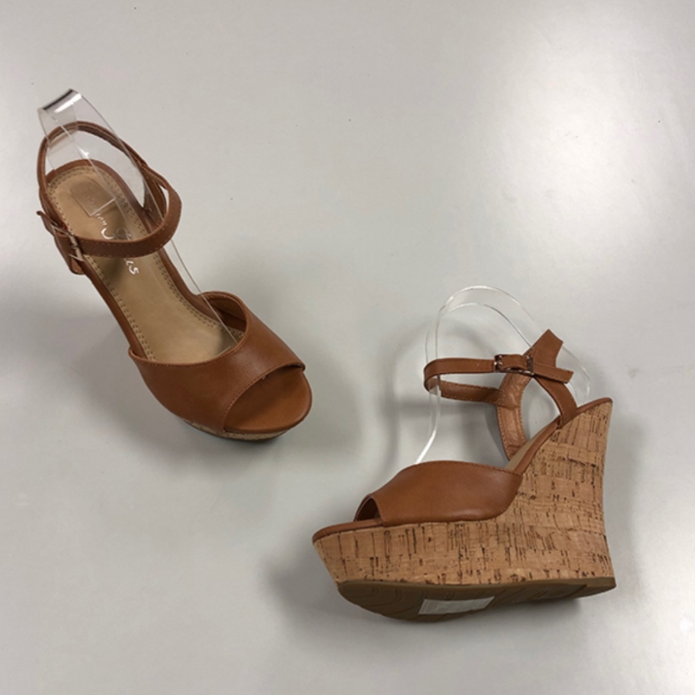 Brown Cork Wedge Sandals with Ankle Strap